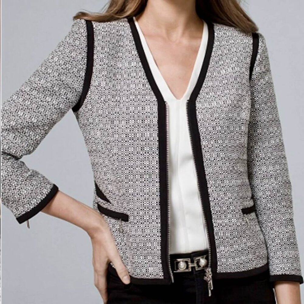 WHBM Gray Weave Black Trim  Structured Corpcore Zipped Statement Blazer [size 8]